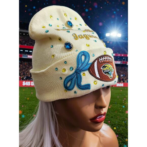 Jacksonville Jaguars Beanie Cream design with teal and gold rhinestones, Logo - Picture 3 of 5